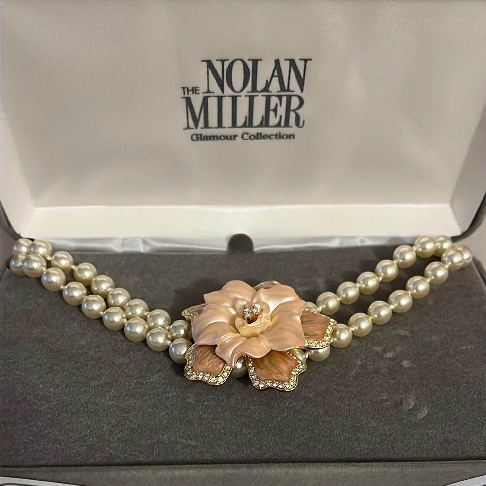 Nolan Miller Pearl Necklace with Pink Flower